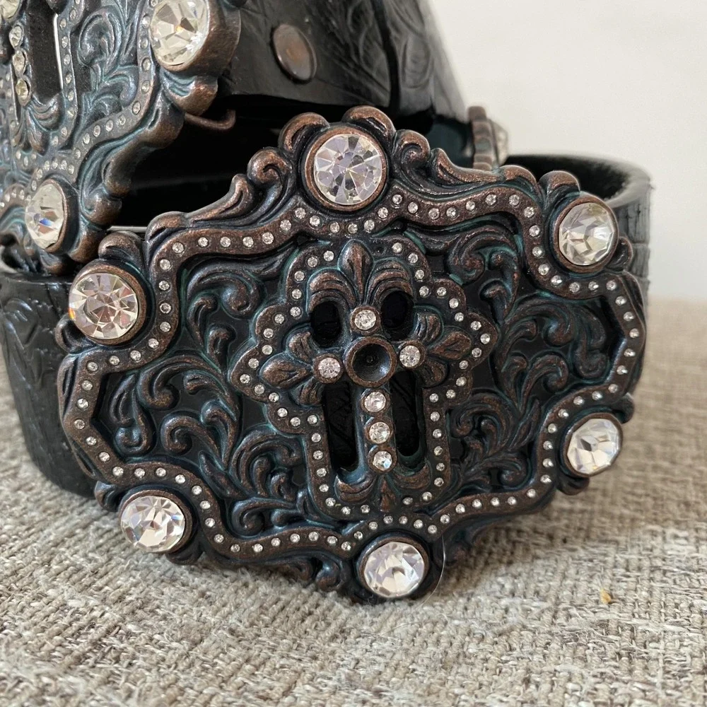 Y2K Men Leather Belt Size M/L Tooled Concho Cross Rhinestones Grunge Alternative
